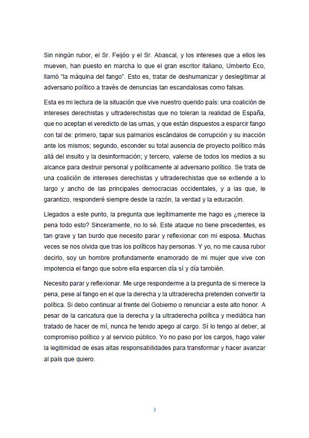 Lea la carta íntegra en la que Pedro Sánchez anuncia una reflexión sobre su continuidad